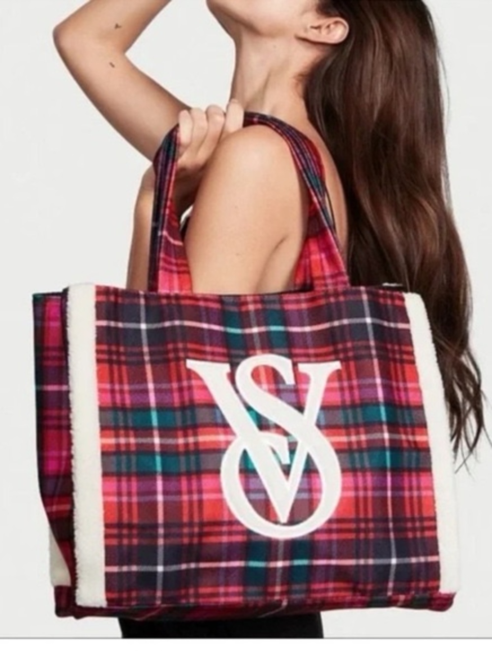 Victoria's Secret Red Plaid Sherpa Tote